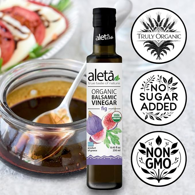 Aleta Farms Fig Balsamic Vinegar, Greek Organic Flavored Vinegar, USDA Organic, Perfect for Salad Dressings, Pasta, Desserts & Cocktails, Naturally Gluten Free, 8.45 fl oz (Fig)