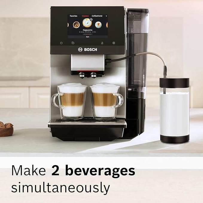 Bosch 800 Series Fully Automatic Espresso and Coffee Machine ??36 Drinks with Coffee World, Cold Brew, Double Cup, Milk Hose, Glass Milk Container, in Metallic Silver TPU60501