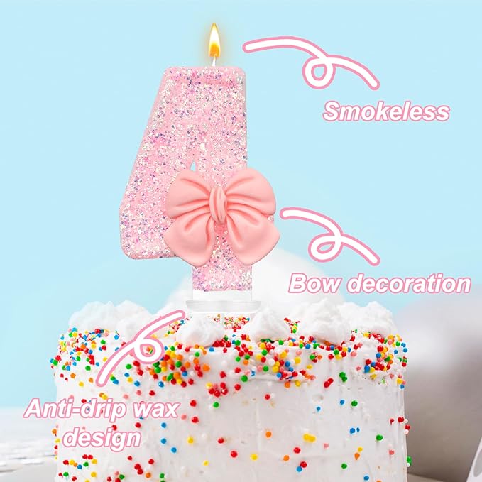 Birthday Cake Candles, Pink Glitter with Bow Cake Candles, Birthday Party Cake Toppers, Cute Birthday Candle Decorations (4)
