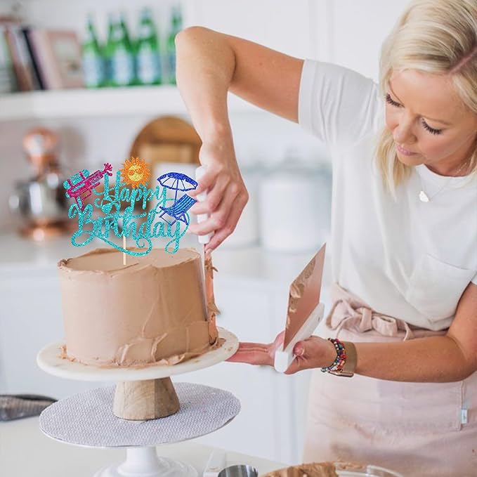 1 Pack Summer Beach Happy Birthday Cake Topper Tropical Hawaiian Water Gun Cake Pick Glitter Umbrella Pool Holiday Cupcake Decoration for Summer Baby Shower Birthday Party Supplies Blue