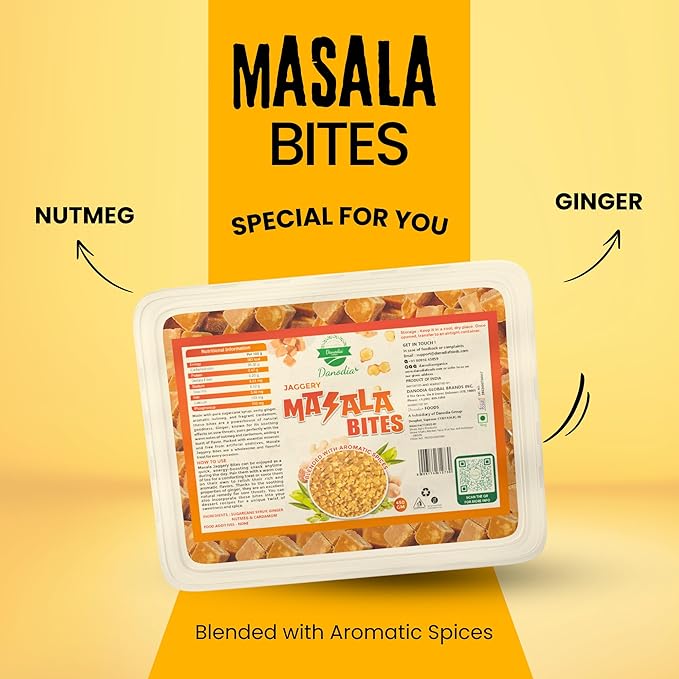 Danodia Foods Organic MASALA JAGGERY Bites/Blocks (450g/16 oz) | Ginger & Cardamom Infused | Gluten Free, Unrefined & Naturally Sweet Brown Gur | No Added Sugar | Delicious Vegan Snack & Sweetener