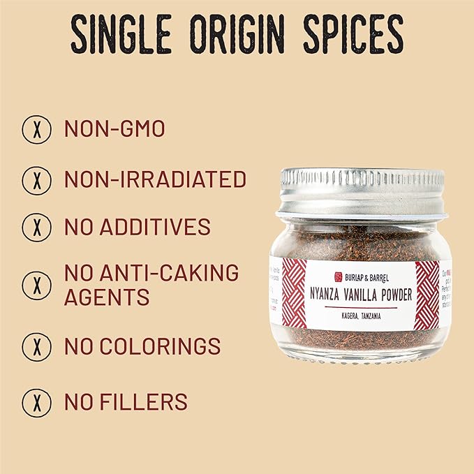 Burlap & Barrel Nyanza Vanilla Powder ??Sweet, Classic Vanilla Flavor with Date-Tannin Aroma ??Suitable for Baking and Cooking ??As Seen On Shark Tank - 0.9oz Glass Jar