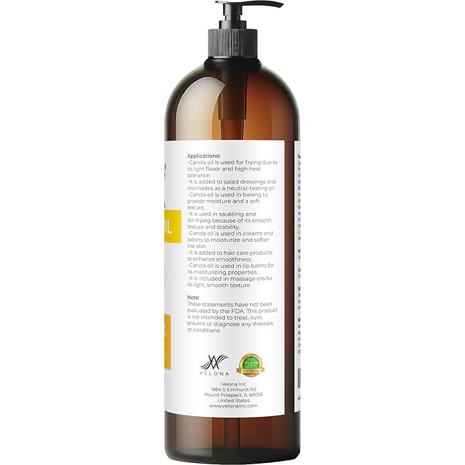 velona Canola Seed Oil 32 fl oz | 100% Pure and Natural Carrier Oil | Refined, Expeller pressed | Cooking, Dressing, Skin, Face, Body, Hair Care | Use Today - Enjoy Results