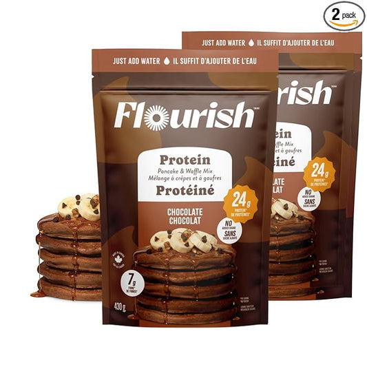 Flourish Protein Pancake & Waffle Mix, with Whey Protein & Flax Seed, No Added Sugar, High in Protein & Fiber - Just Add Water - Chocolate Flavour, 430 g (2 Pack) - Made in Canada