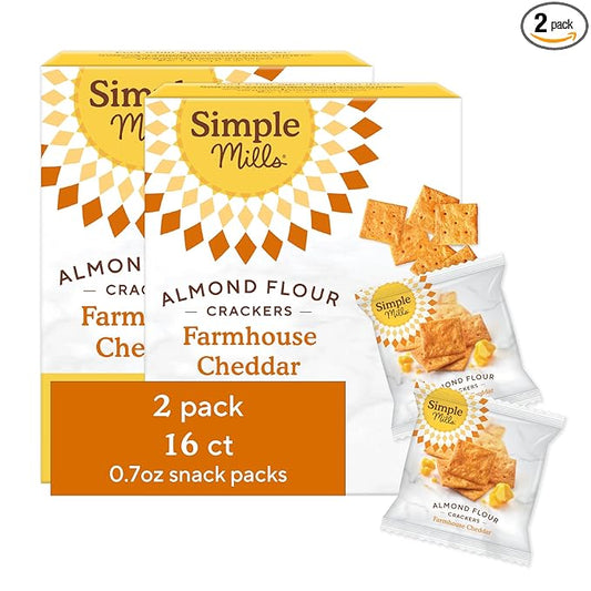 Simple Mills Almond Flour Crackers Snack Packs, Farmhouse Cheddar, Gluten Free, Flax Seed, Sunflower Seeds, Corn Free, Good for Snacks, 6.5 oz, Pack of 2 (8 Bags per Box)