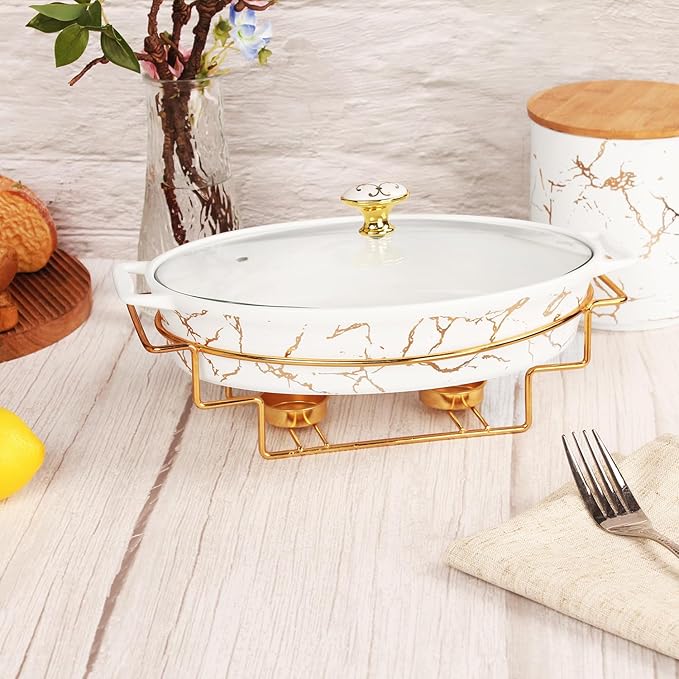 11" x 7" Ceramic Casserole Baking Dish With Glass Cover and with Golden Rack, Lasagna Pan Deep for Oven, 1.3 Quarts Baking Pan with Handles, Oven Safe & Durable Bakeware for Home Decor