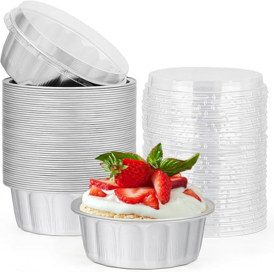 Beasea Ramekins with Lids, 8oz 50 Pack Disposable Aluminum Cups for Baking, Silver Aluminum Foil Cups Creme Brulee Muffin Cupcake Baking Cup Mini Pudding Cups for Party Wedding Birthday