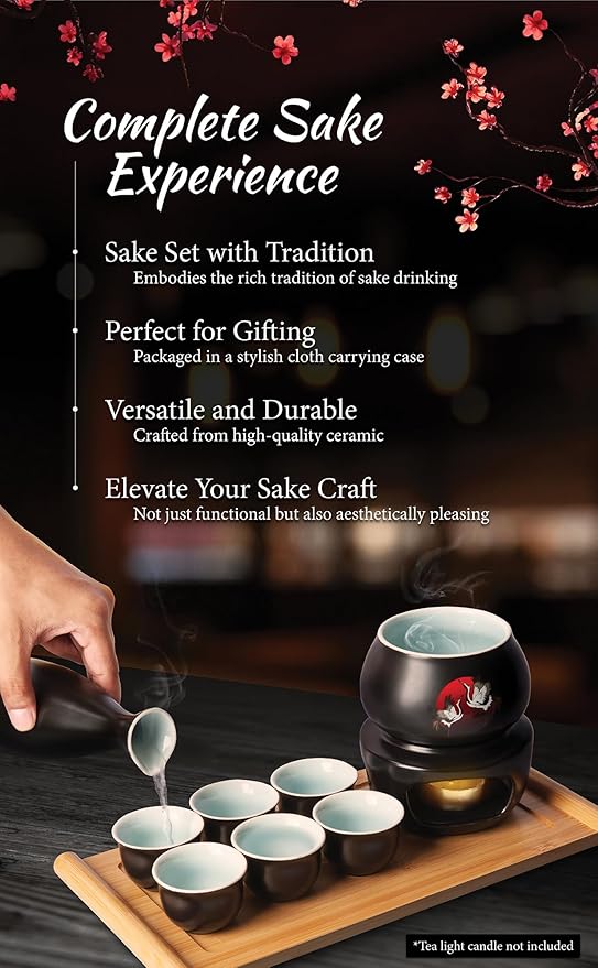 Japanese Sake Cup Set with 6 Ceramic Cups, 1 Ceramic Sake Bottle, 1 Ceramic Sake Warmer, Bamboo Tray, and Cloth Carrying Case - Perfect Hot Sake Set for Authentic Japanese Experience