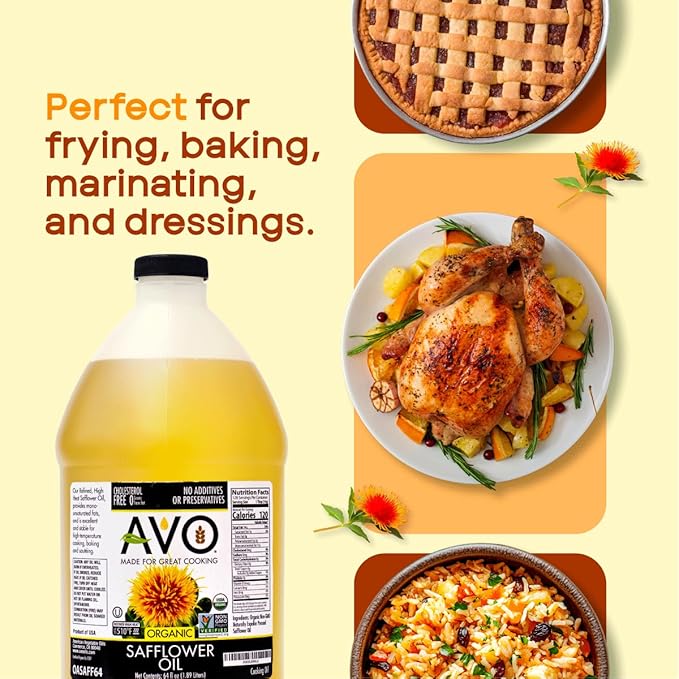 AVO Organic High Oleic Safflower Oil - Frying, Baking, Non-stick Saut챕ing, Salads, Vinaigrette, Marinades, Pan Coating, General Cooking 64 Fl-oz (Half a Gallon), No preservatives, Naturally Processed