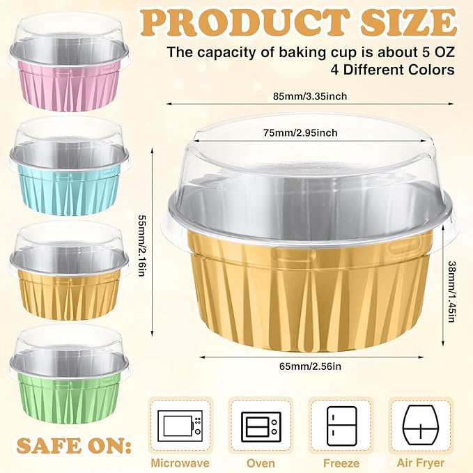Gejoy 400 Pcs Aluminum Foil Baking Cups with Lids 5 oz Disposable Ramekins Mini Cake Pans Creme Brulee Cupcake Liners Muffin Tins Flan Mold Dessert Container for Wedding(Pastel Color,Classic)