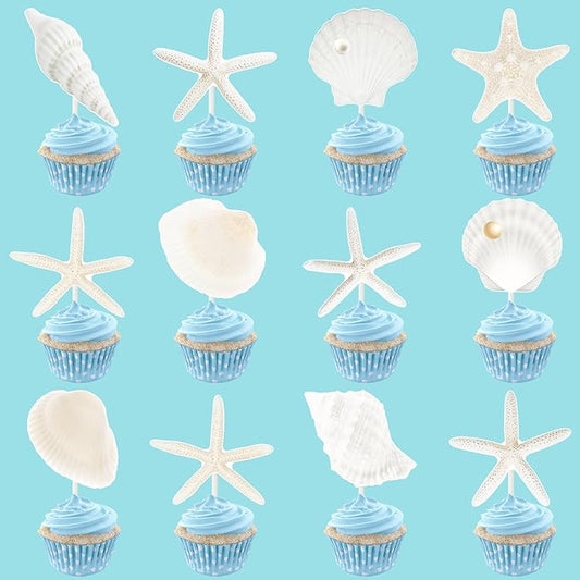 Starfish Sea Shell Cupcake Toppers 24PCS Coastal Beach Cake Decorations Seashell Starfish Cupcake Picks Ocean Nautical Party Decorations for Summer Theme Under The Sea Baby Shower Supplies