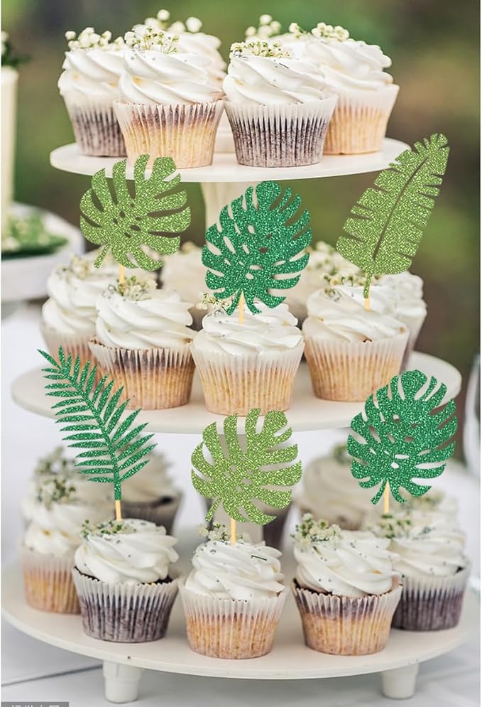 24Pcs Glitter Tropical Cupcake Toppers, Tropical Palm Leaves Cake Topper Aloha Decorations for Summer Luau Hawaiian Theme Baby Shower Birthday Party Supplies(Leaves A)
