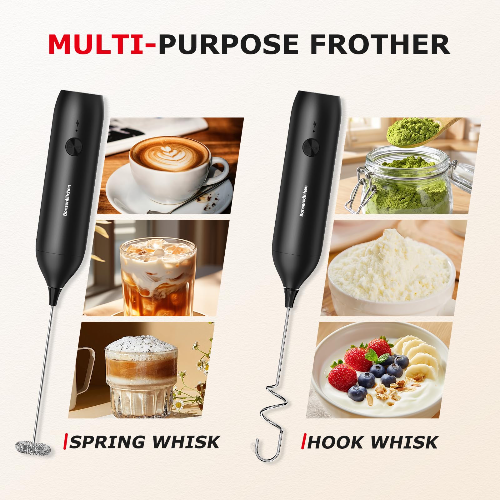 Bonsenkitchen Rechargeable Milk Frother Handheld, Charging USB-C