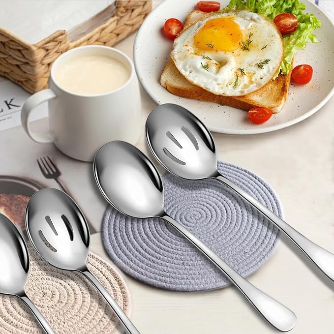 4 Piece Stainless Steel Serving Spoons Set, 10-Inch, Includes 2 Large, 2 Slotted, for Parties/Kitchen/Buffet/Catering, Dishwasher Safe