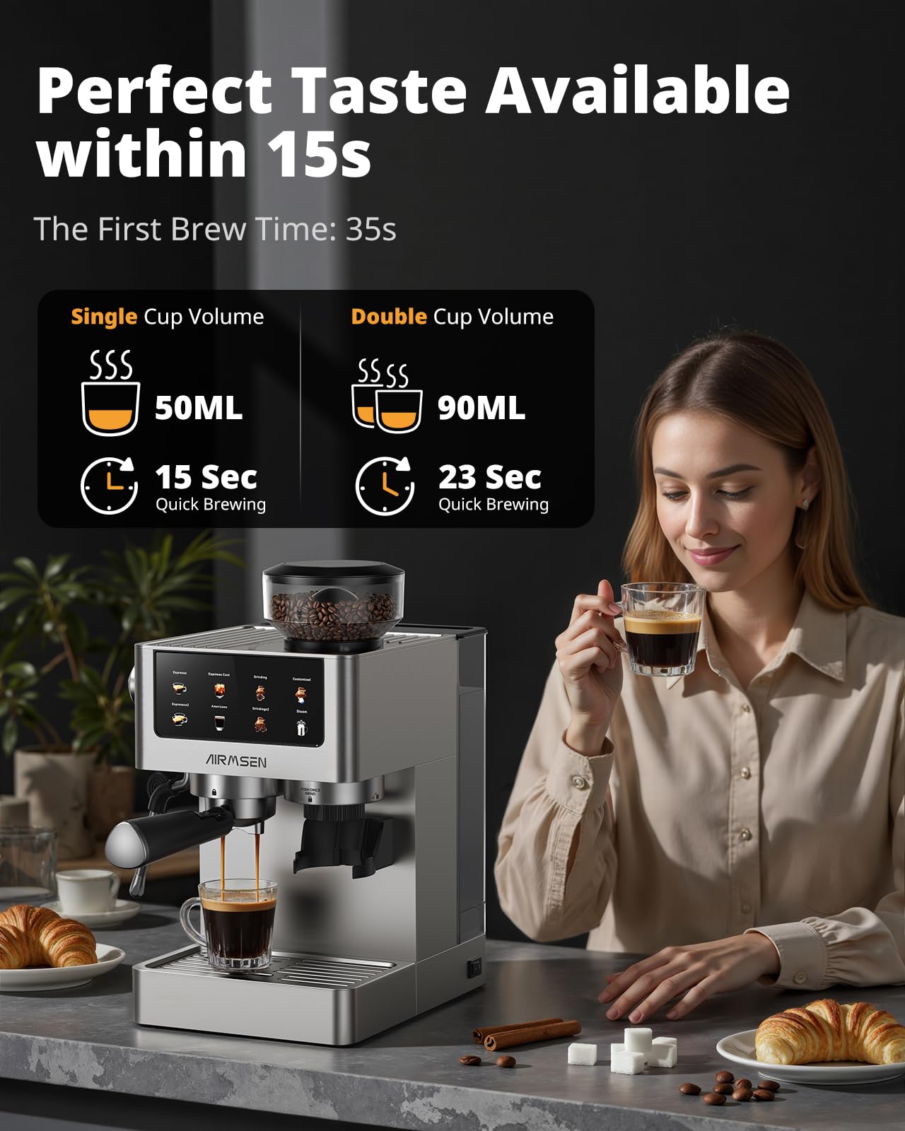 AIRMSEN Espresso Machines with Burr Grinder, 20 Bar, Milk Frother Steam Wand, Stainless Steel