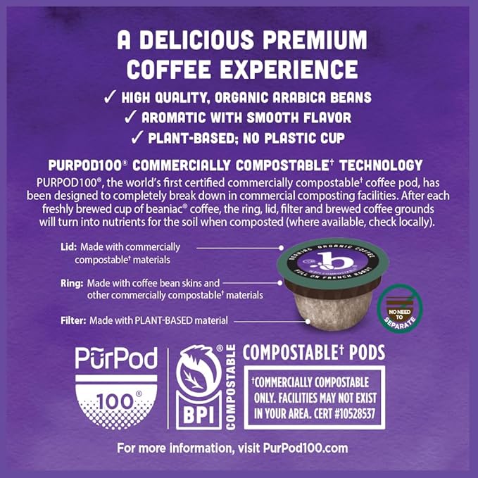 beaniac Organic Full On French Roast, Dark Roast, Single Serve Compostable K Cup Coffee Pods, Organic Arabica Coffee, Keurig Brewer Compatible, 30 Count