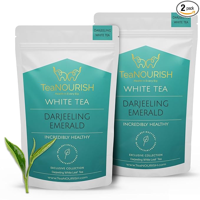 TeaNOURISH Darjeeling Emerald White Tea | Darjeeling Silver Needles White Tea | Delicate, Unique Aroma & Flavor | Freshly Sourced Direct From Origin - 1.76oz/50g (Pack of 2)