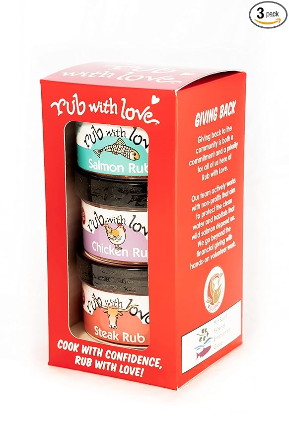 Rub with Love, Everyday Meat Rubs and Seasonings Gift Set (3 Jars) Grilling and BBQ Spices for Salmon, Chicken, and Steak