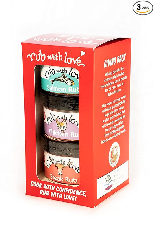 Rub with Love, Everyday Meat Rubs and Seasonings Gift Set (3 Jars) Grilling and BBQ Spices for Salmon, Chicken, and Steak