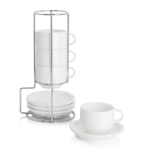 Sweese Stackable Porcelain Cup & Saucer Set – Set of 4, 2.5 oz, White