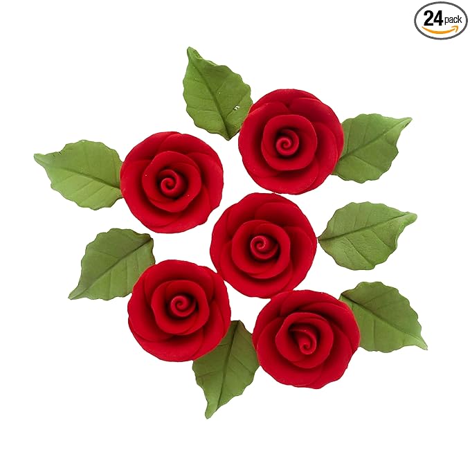 Global Sugar Art Premium Wedding & Party Edible Rose Cake & Cupcake Sugar Flowers, Red, 24 Count with Leaves by Chef Alan Tetreault