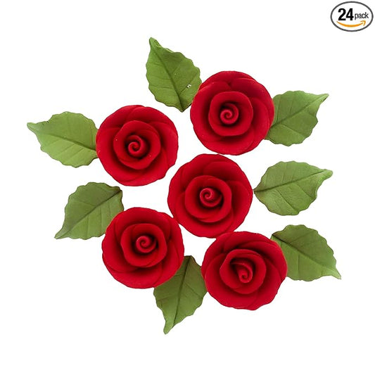 Global Sugar Art Premium Wedding & Party Edible Rose Cake & Cupcake Sugar Flowers, Red, 24 Count