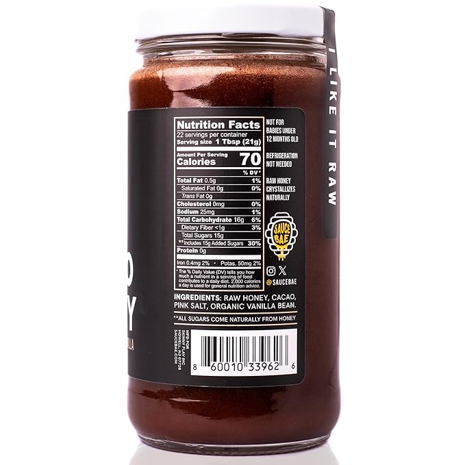 Sauce Bae Cacao Raw Honey with Vanilla Bean - Natural, Unpasteurized, Unfiltered, Superfood, Chocolate Spread - (1 lb, Cacao)