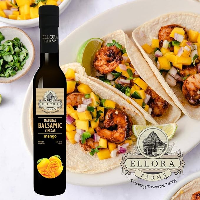 Ellora Farms, Mango fruit Infused Greek Balsamic Vinegar, thick and creamy, no-added sugars, no-preservatives, 8.45 oz. bottle, Pack of 1
