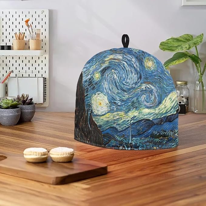 Starry Night Oil Painting Tea Cozy for Teapot Cover with Handle Tea Kettle Dust Cover Warmer Cover Teapot Cozy Room Decor Van Gogh Teapot Cover Dome Shaped for Keeping Warm (Blue)