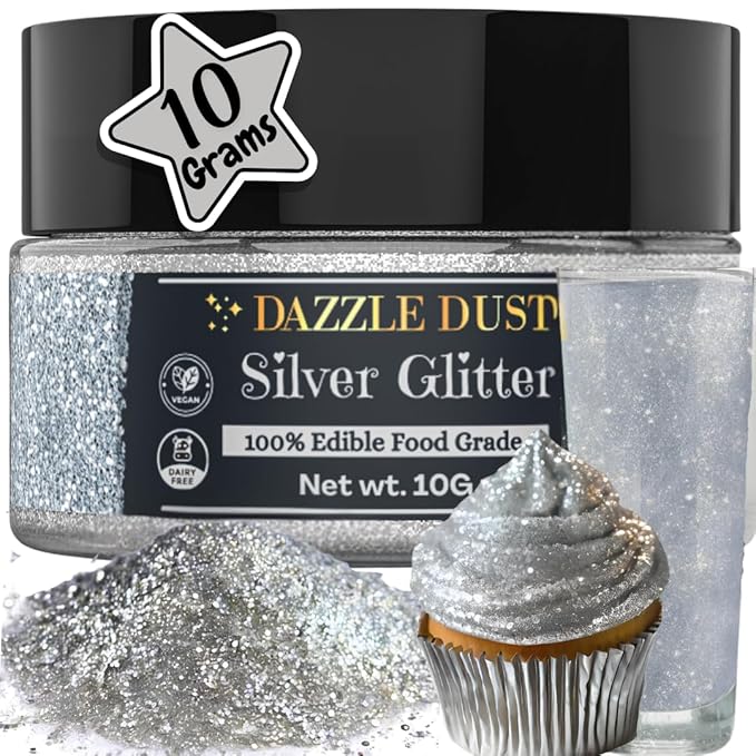 Dazzle Dust Edible Glitter Sprinkles for Cake Decorating, Drinks, Cookie, Icing, Dessert Decorations, Sparkly Luster, Food-Grade, Vegan, Gluten Free, Kosher, Bulk 10g, Silver