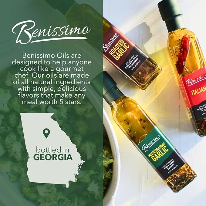 Benissimo Mediterranean Garlic Infused Oil, All Natural Gourmet Cooking Oil with Fragrant Mediterranean Herb Blend, Ideal for Dipping, Sautéing, Drizzling, 8.1 fl oz