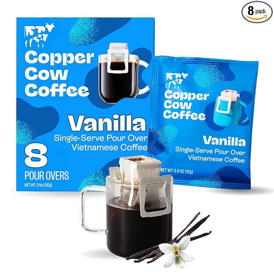 Copper Cow Premium Pour Over Single-Serve Vietnamese Coffee | Vanilla | Dark Roast | Flavored with Vanilla Beans | Includes 8 Coffees