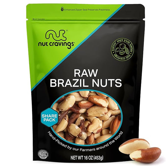 NUT CRAVINGS - Raw Brazil Nuts, Unsalted, No Shell, Whole, (16oz - 1 LB) Bulk Nuts Packed Fresh in Resealable Bag - Kosher Healthy Snack, Food Assortments