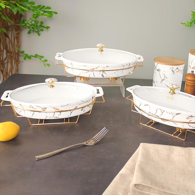 11" x 7" Ceramic Casserole Baking Dish With Glass Cover and with Golden Rack, Lasagna Pan Deep for Oven, 1.3 Quarts Baking Pan with Handles, Oven Safe & Durable Bakeware for Home Decor