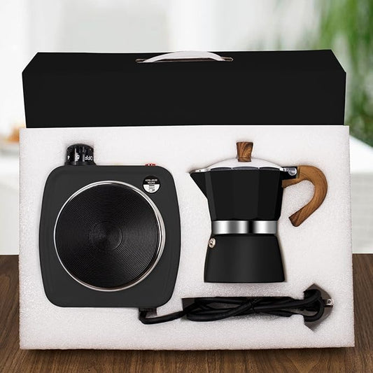 2-in-1 Moka Pot Espresso Set with Electric Stove 3 Cup Aluminum Stovetop Coffee Maker Percolator Italian Classic Mocha Coffee Machine for Italian and Cuban Cafe Brewing Portable Camping Black