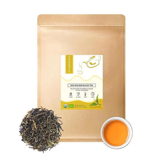 Organic Gold Loose Leaf, USDA Certified Organic Black Tea Loose Leaf, No Dust Production Workshop, Chinese Yunnan Ancient Tree Golden Tea Perfect for Hot Brew, 3.5 Oz