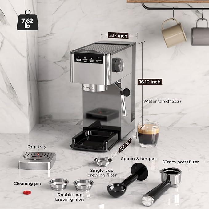 20 Bar Espresso Machine with Milk Frother, Semi-automatic Compact Coffee Maker with Steam Wand for Cappuccino/Latte, 42oz Removable Water Reservoir, Ideal for Home/Office, Stainless Steel