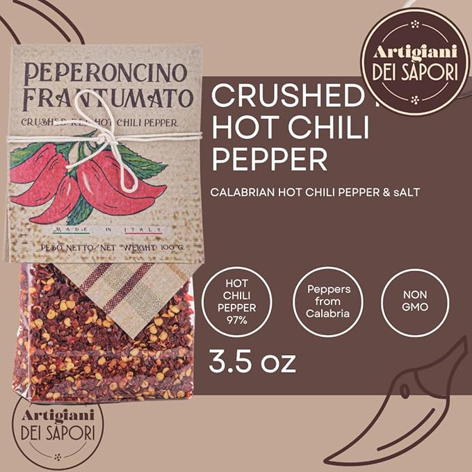 ARTIGIANI DEI SAPORI - Crushed Hot Red Chili Pepper Flakes, 3.5 oz Bag, Spicy Herb Seasoning, Italian Pepperoncino, Packed in Calabria
