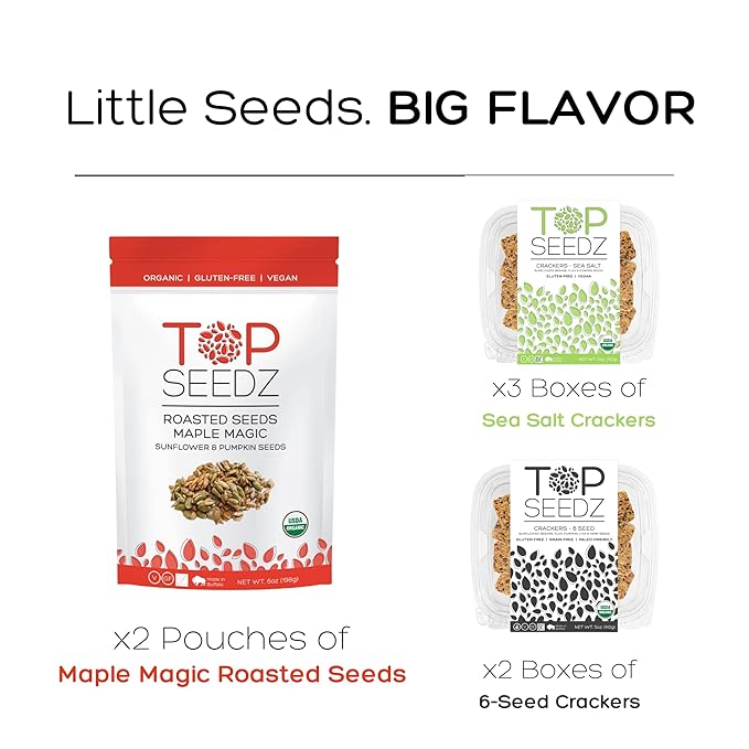 Top Seedz Deluxe Organic Gluten Free Vegan Crackers and Roasted Seeds Bundle | 1 Pouch of Maple Magic Roasted Seeds | 3 Packs of Sea Salt Crackers | 2 Packs of 6-Seed