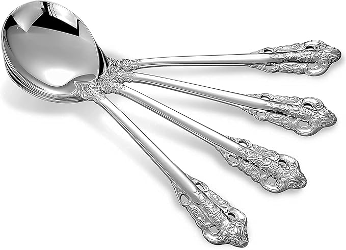 KEAWELL Gorgeous Round Soup Spoon, Set of 4, 18/10 Stainless Steel, Luxury Bouillon Spoon, Dishwasher Safe, Fine Mirror Polished (Silver)