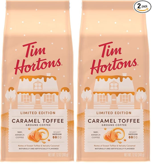 Tim Hortons 12oz Ground Bag, Caramel Toffee Flavored 100% Arabica Coffee (Pack of 2)