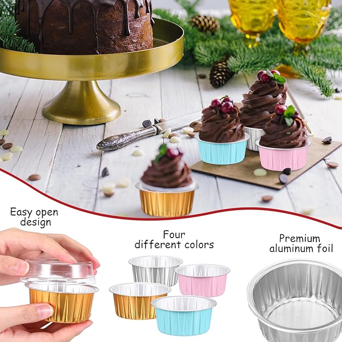 150 Pcs Cupcake Liners with Lids 5 oz Aluminum Foil Cupcake Baking Cups Disposable Ramekins Muffin Cups Mini Aluminum Pans with Lids Holder for Creme Brulee(Gold Silver Pink Blue)