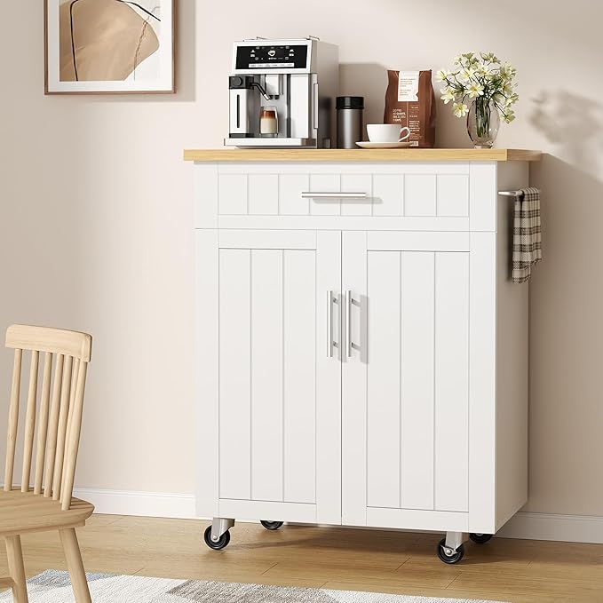 Shintenchi Kitchen Island cart with Storage, Portable Bar Cabinet on Wheels, Rolling Microwave Cart Side Table with Workstation for Kitchen, Dinning Room, White