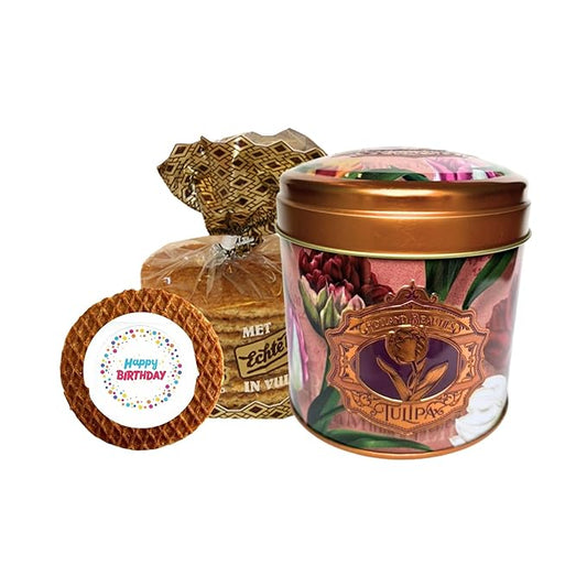DeReuze Stroopwafels Gift Set – Authentic Caramel Waffle Cookies in Decorative Purple Tulip Tin – Gifts from Netherlands with Messages – Unique Food Gift for Any Occasion (Happy Birthday)
