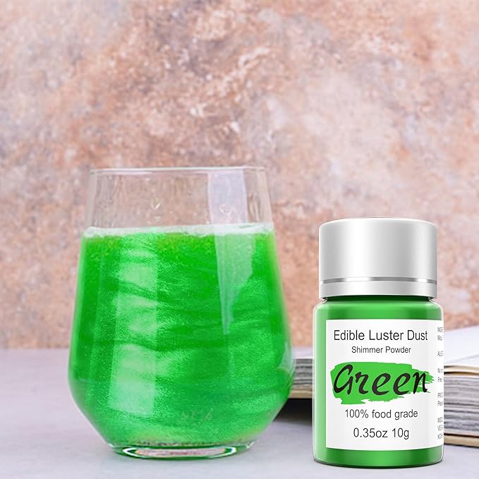Green Luster Dust Edible Glitter for Cakes Cocktails ??10g Colaele Edible Shimmering Dust for Chocolates, Metallic Food Coloring Powder for Cake Decorating Edible Glitter for Drinks, No Gluten,Vegan