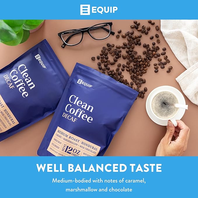 Equip Foods Decaf Clean Coffee | Gold Standard, Certified Organic, Fair Trade, Regenerative | Medium Roast, Whole Bean, Honduras | Caramel+Marshmallow+Milk Chocolate