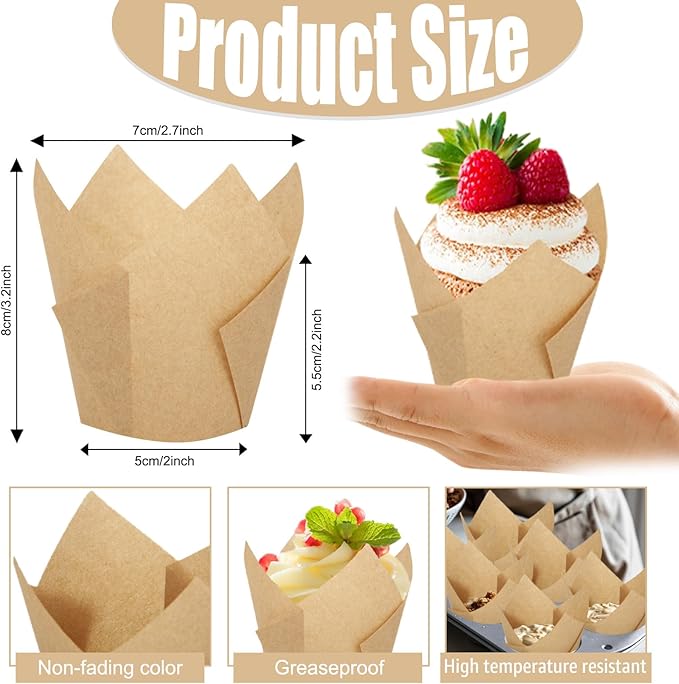400 PCS Tulip Cupcake Liners Muffin Paper Baking Cups Parchment Paper Muffin Liners Holders Greaseproof Cupcake Wrapper for Party Wedding Birthday Parties Banquets, Natural