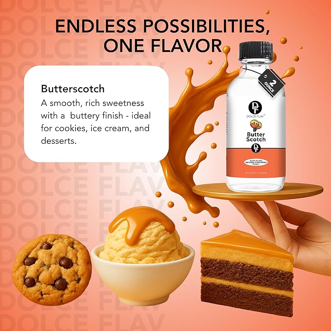 Dolce Flav Natural Butterscotch Extract 2 oz ??Kosher, Sugar-Free, Concentrated Rich Butterscotch Flavoring for Baking, Beverages & Desserts, Includes Measured Dropper