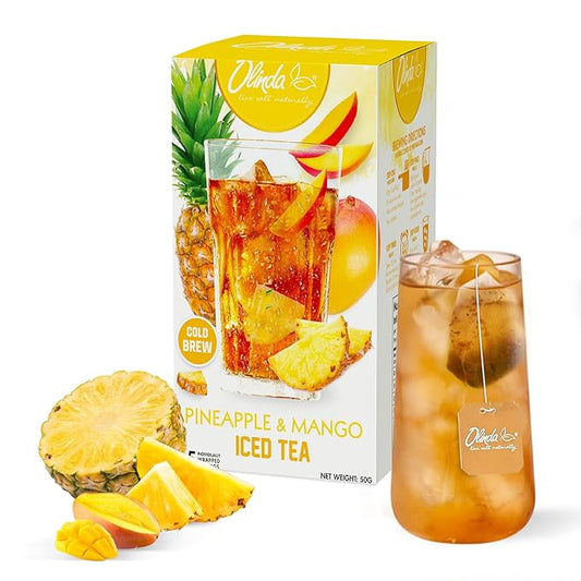 Olinda Pineapple and Mango Iced Tea Bags Herbal Cold Brew Organic Black Tea Refreshing Summer Drink Antioxidant Hot and Cold Brew Natural Sweetened Fruity Flavored Tea Healthy Sucralose Caffeinated Tea