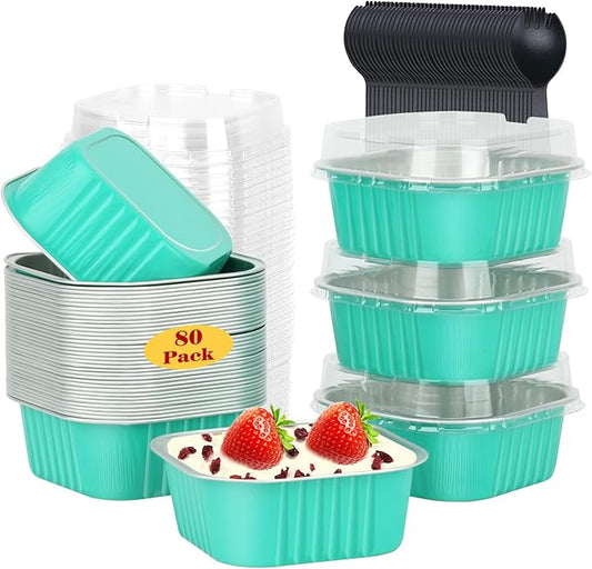 5oz/80pack Mini Cake Pans with Lids,LNYZQUS Aluminum Foil Cupcake Baking Cups Muffin Tin,Disposable Ramekins Small Cake Mini Brownie Baking Pan Cheesecake Containers -Cyan Blue